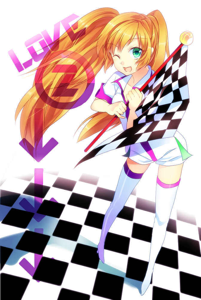 aqua_eyes, bad_id, blonde_hair, boots, checkered, checkered_flag, checkered_floor, directional_arrow, hitohira_(shiroringo48), kirarin_(pop'n_music), long_hair, open_mouth, pop'n_music, pop'n_music, smile, solo, standing, thigh-highs, thigh_boots, thighhighs, twintails, white_legwear, wink