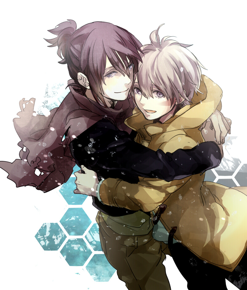 2boys, 325_(im24), albino, black_hair, gloves, hug, jacket, male, multiple_boys, nezumi_(no.6), no.6, purple_eyes, shion_(no.6), short_hair, smile, violet_eyes, white_hair