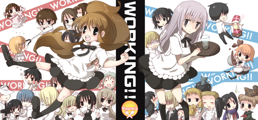 apron, baby, black_hair, blonde_hair, brother_and_sister, brown_eyes, brown_hair, cat