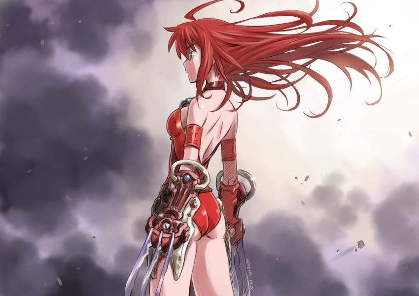 back, bare_shoulders, claw_(weapon), isedaichi_ken, leotard, long_hair, mieu_(phantasy_star), open_back