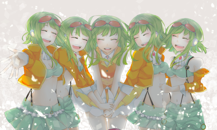breasts, clone, goggles, goggles_on_head, green_hair, gumi, headphones, highres