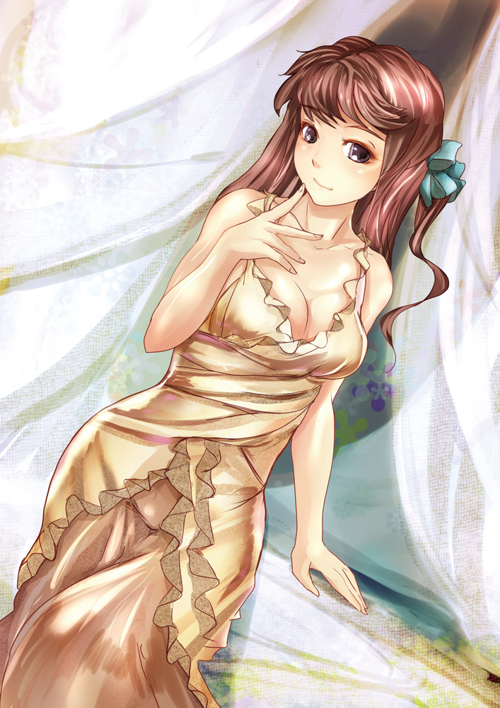 bare_shoulders, black_eyes, blush, breasts, brown_hair, cleavage, collarbone, copyright_request