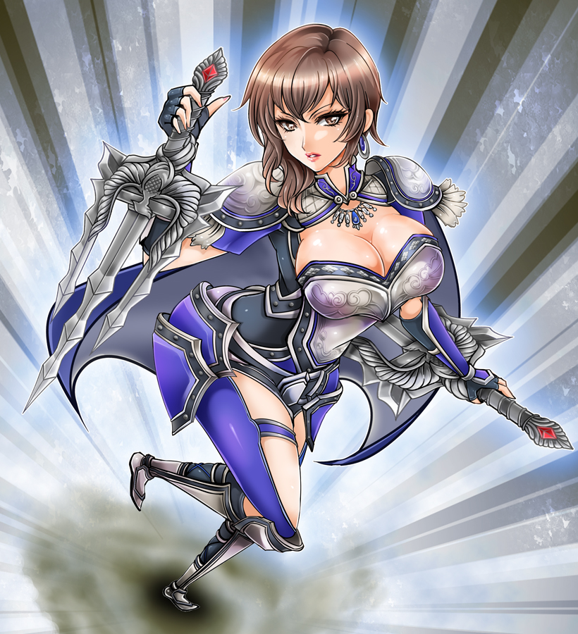 armor, breasts, brown_eyes, brown_hair, character_request, cleavage, earrings, jewelry