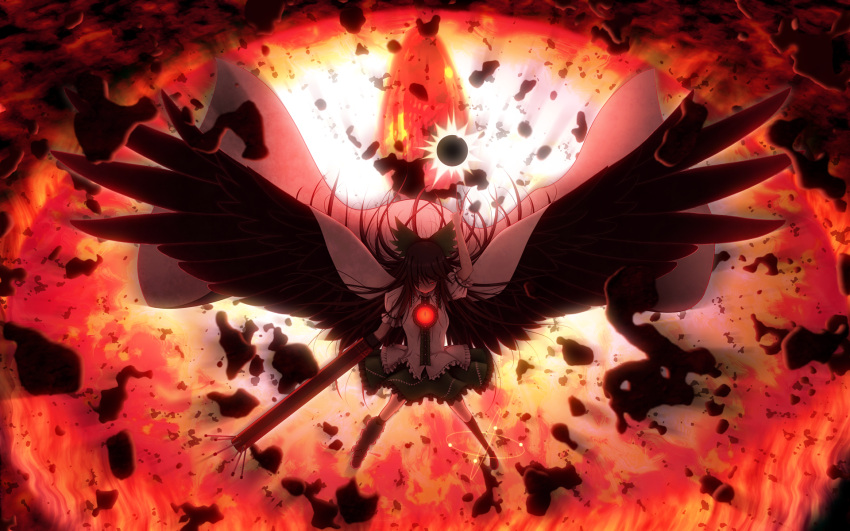 arm_cannon, arm_up, black_wings, brown_hair, cape, concrete, energy_ball, glowing