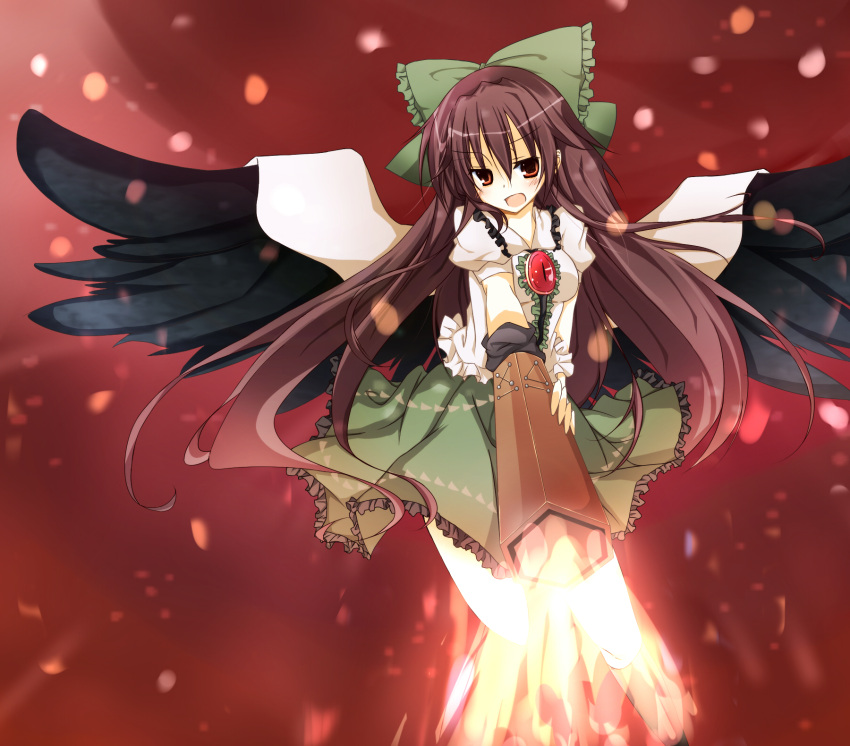 arm_cannon, black_wings, blush, bow, brown_eyes, brown_hair, cape, firing