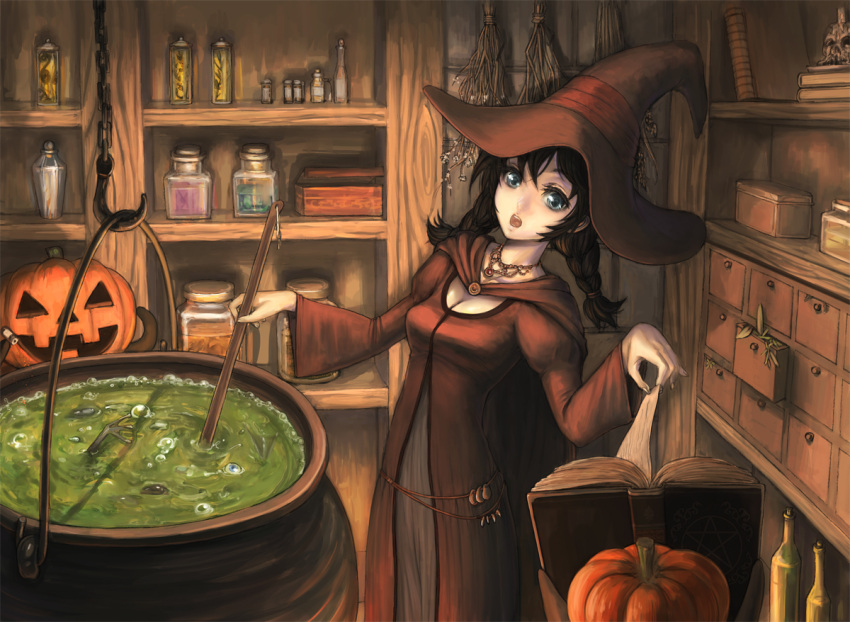 black_hair, blue_eyes, book, braid, breasts, burunuu_(bullnukko), cape, cauldron