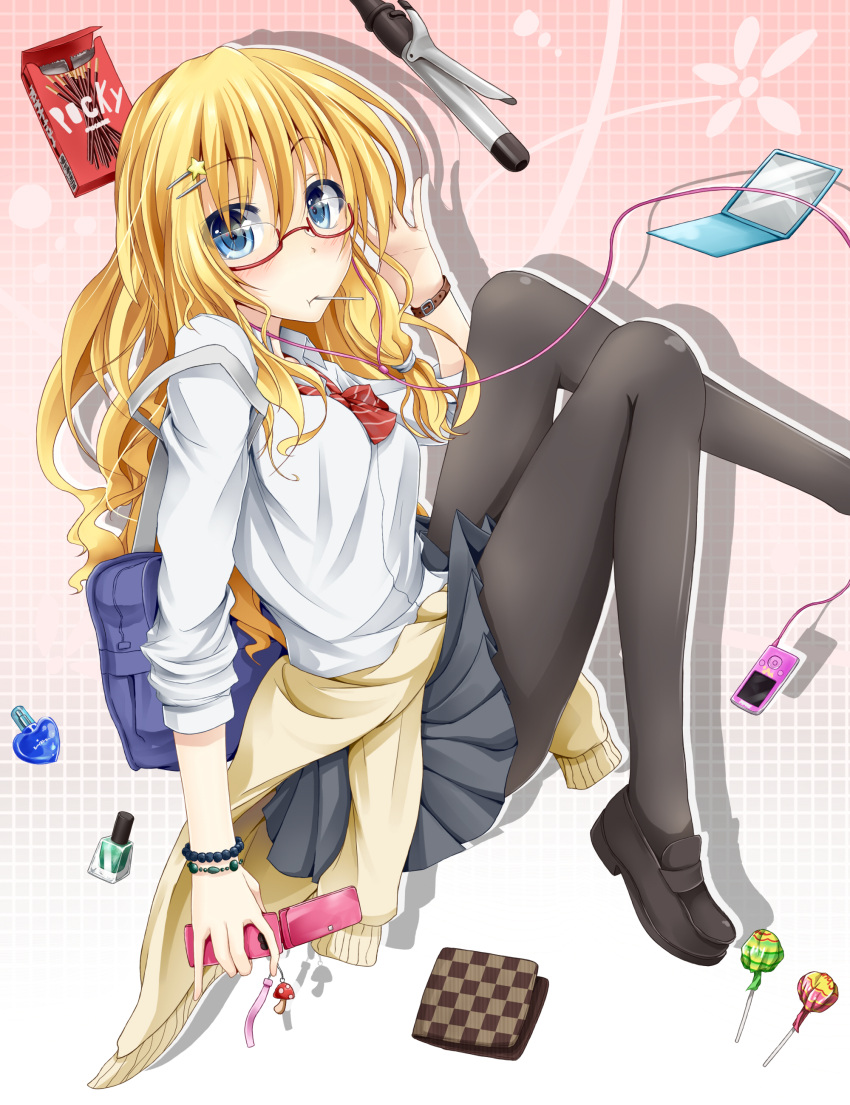 absurdres, alternate_costume, bag, bespectacled, blonde_hair, blue_eyes, blush, bottle