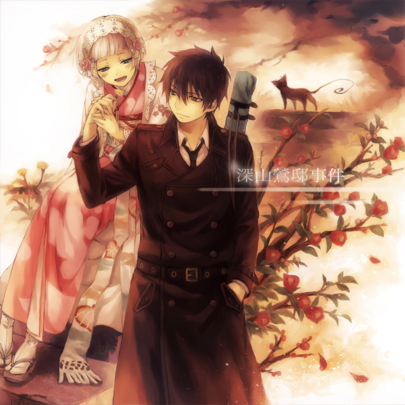 1girl, ao_no_exorcist, bad_id, black_hair, blonde_hair, branch, camellia_(flower), cat, couple, flower, hair_flower, hair_ornament, hand_holding, hand_in_pocket, headdress, holding_hands, japanese_clothes, kimono, mg_(3458), miyama-uguisu_monaka, miyama-uguisu_tei_jiken, necktie, night, open_mouth, sandals, short_hair, sitting, smile, standing, the_miyama-uguisu_mansion_incident, trench_coat, yoru