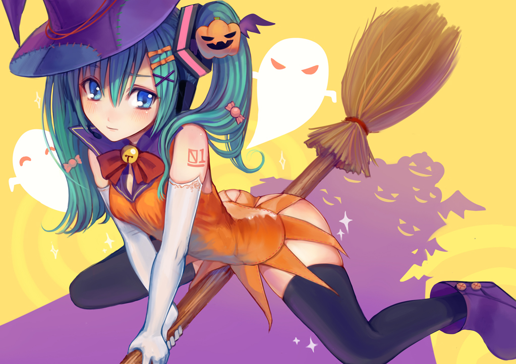 alternate_hairstyle, ass, bell, black_legwear, blue_eyes, bow, broom, elbow_gloves