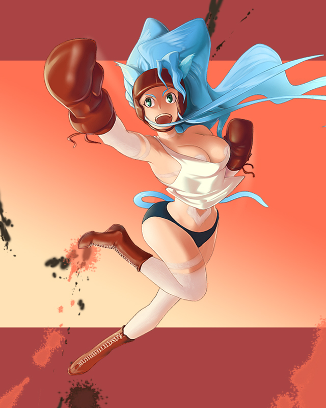 animal_ears, arm_up, bad_id, bare_shoulders, blue_hair, boots, boxing_gloves, boxing_headgear