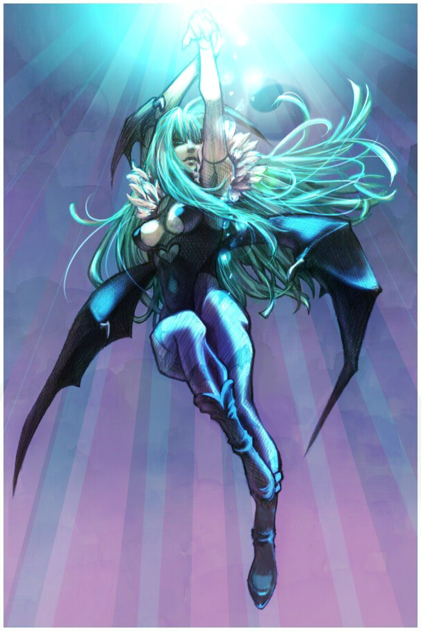 aqua_hair, armpits, arms_up, bat_wings, boots, breasts, capcom, darkstalkers, demon_girl, flying, glowing, hana_nashi, head_wings, karin_(mashroom_panda), large_breasts, lips, long_hair, morrigan_aensland, pantyhose, solo, succubus, vampire_(game), wings