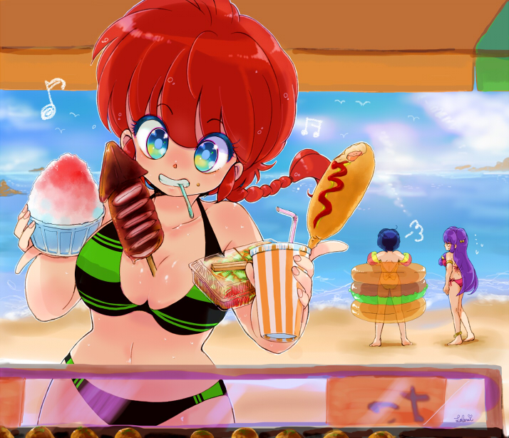 between_breasts, bikini, blue_eyes, blue_hair, braid, breasts, cleavage, genderswap