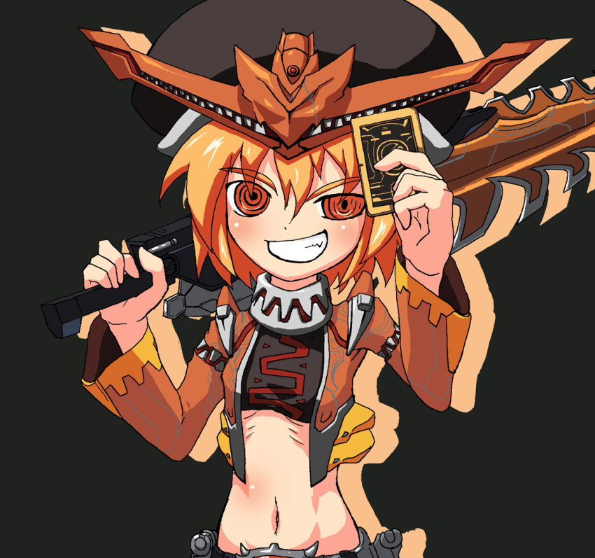 female, genderswap, hat, kamen_rider, kamen_rider_den-o_(series), kamen_rider_gaoh, midriff, navel, orange_eyes, orange_hair, personification, rider-tan, shiro_washi, solo, sword, weapon