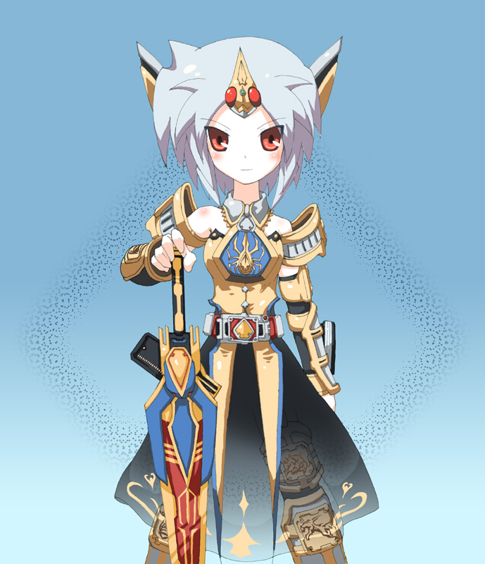 belt, detached_sleeve, female, genderswap, kamen_rider, kamen_rider_blade, kamen_rider_blade_(series), personification, red_eyes, rider-tan, shiro_washi, solo, sword, weapon, white_hair