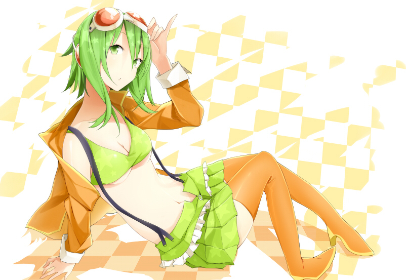 boots, goggles, goggles_on_head, green_eyes, green_hair, gumi, headphones, jacket