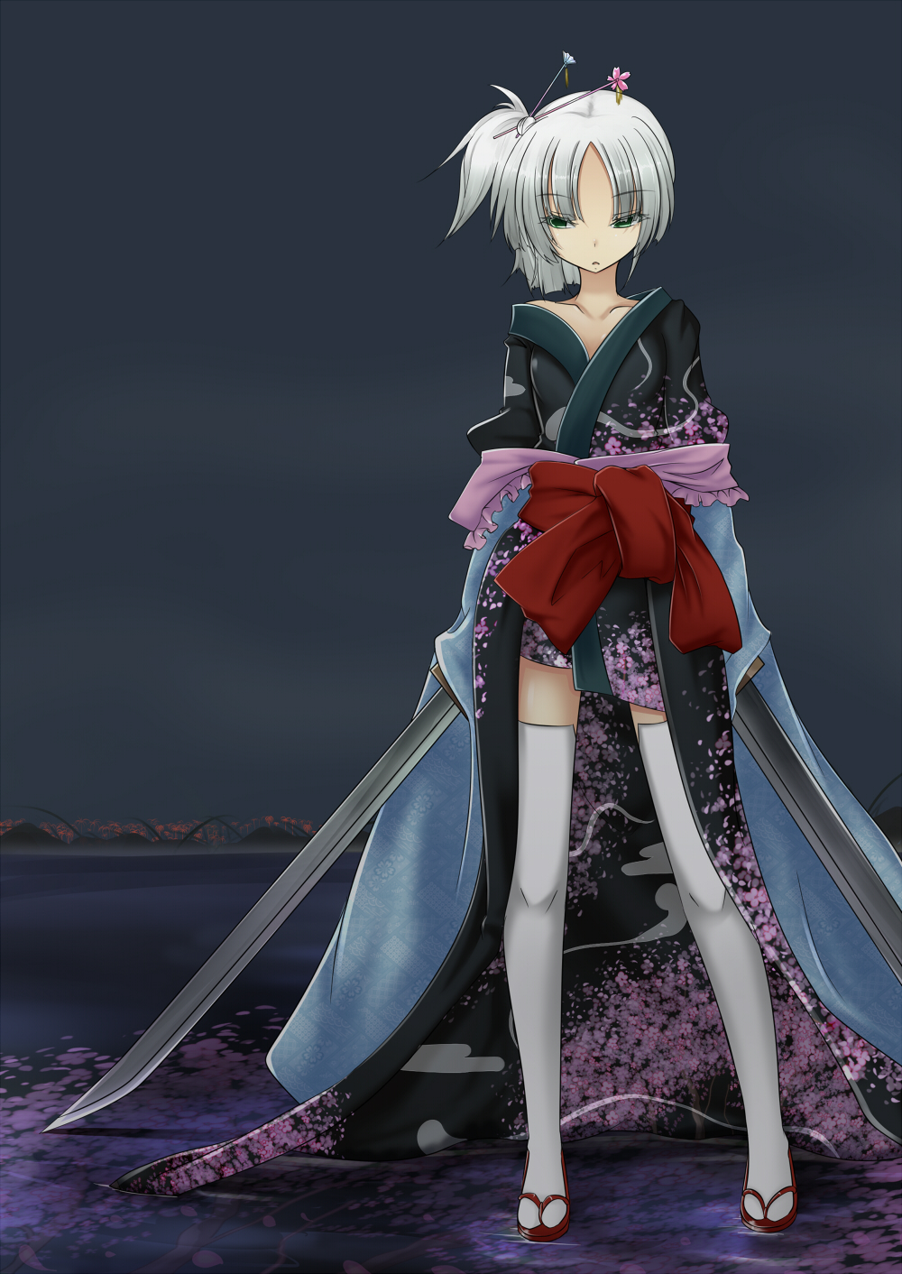 alternate_costume, alternate_hairstyle, asymmetrical_hair, dual_wielding, floral_print, green_eyes, hair_stick, highres