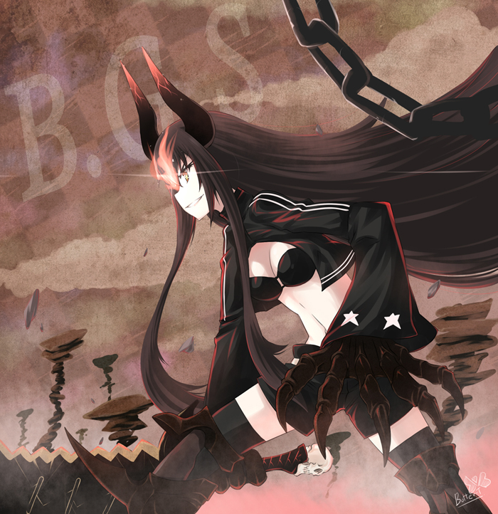 black_gold_saw, black_hair, black_rock_shooter, butter-t, butter_(artist), chain, chains, glowing
