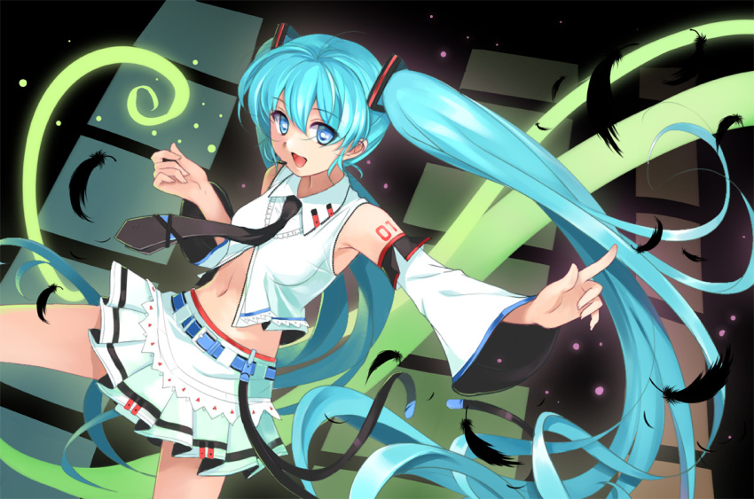 aqua_eyes, aqua_hair, detached_sleeves, feathers, hatsune_miku, inst, long_hair, navel