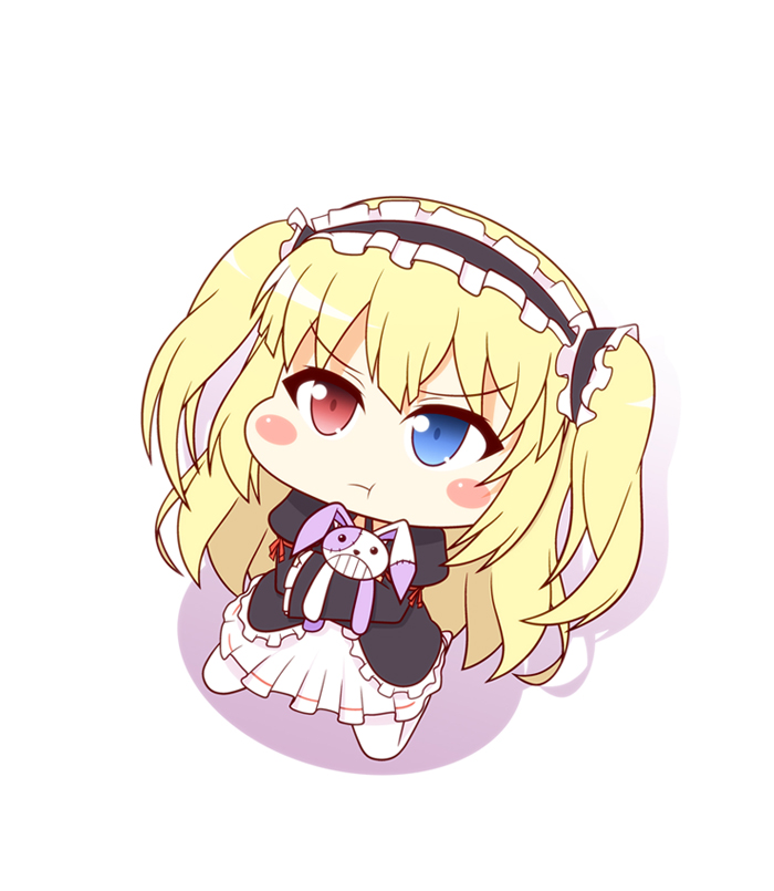 blonde_hair, blush, blush_stickers, boku_wa_tomodachi_ga_sukunai, chibi, doll_hug, hair_ribbon, hairband, hasegawa_kobato, heterochromia, kaleido_yuki, lolita_hairband, lolita_headband, long_hair, pout, ribbon, shirt, sitting, skirt, solo, stuffed_animal, stuffed_bunny, stuffed_toy, twintails, two_side_up