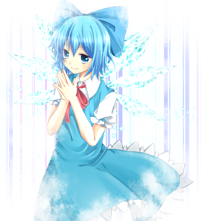 amaoto_sanba, blue_dress, blue_eyes, blue_hair, bow, cirno, dress, hair_bow, shirt, smile, solo, touhou, wings