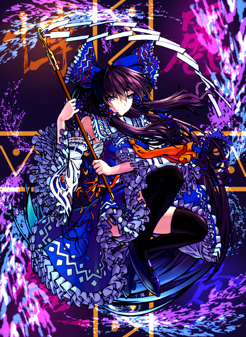 alternate_color, alternate_eye_color, ascot, black_hair, black_legwear, blue_dress, bow, detached_sleeves