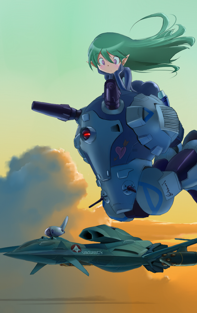 bodysuit, canards, cannon, choujikuu_yousai_macross, cloud, dusk, esbeliben, ghost_drone