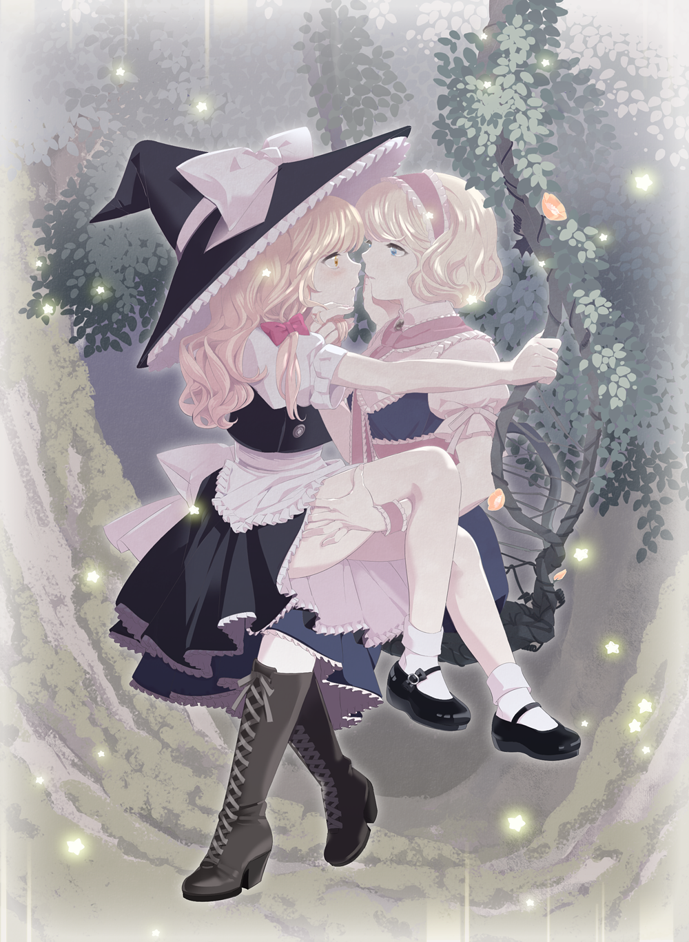alice_margatroid, blonde_hair, blue_eyes, boots, cross-laced_footwear, eye_contact, face-to-face, face_to_face
