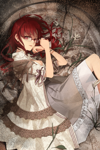 bolero, breasts, brenika_answer, cleavage, cropped_jacket, dress, drill_hair, flower, glasses, hand_on_cheek, hand_on_own_cheek, hand_on_own_face, lace, long_hair, lowres, lying, red_hair, redhead, ribbon, solo, sword_girls, vernika_answer
