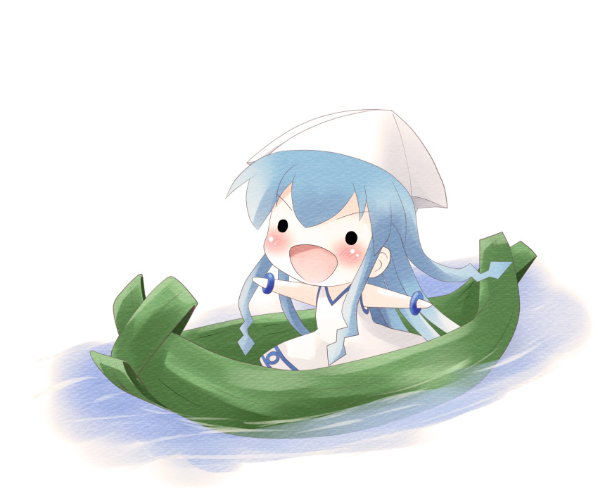 blue_hair, blush, boat, chibi, highres, ikamusume, mini-ikamusume, minigirl