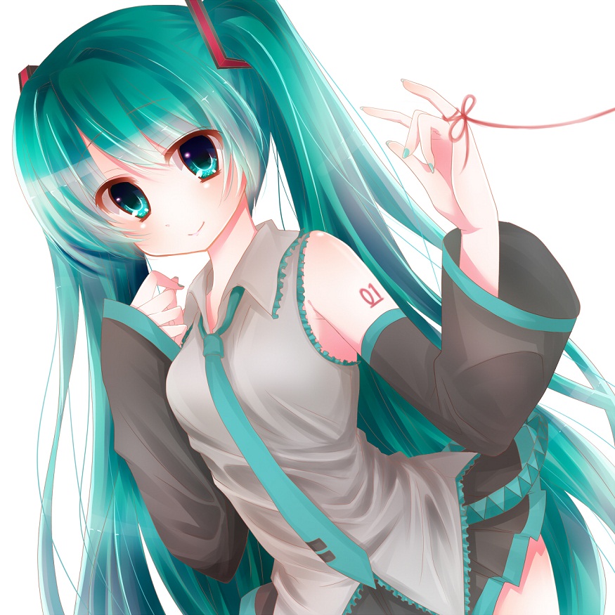 aqua_eyes, aqua_hair, bad_id, detached_sleeves, hatsune_miku, long_hair, necktie, red_string