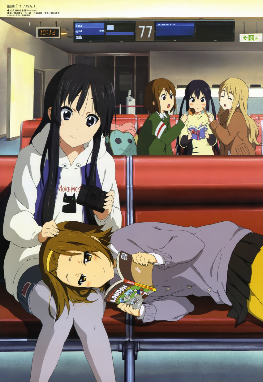:o, absurdres, airport, akiyama_mio, black_eyes, black_hair, blonde_hair, blush
