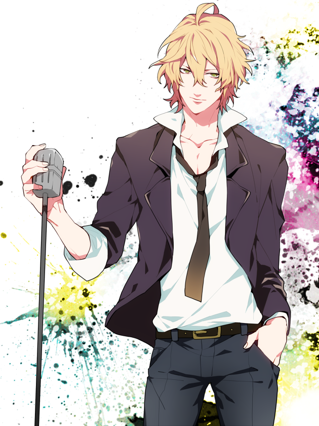 ahoge, alternate_persona, belt, blonde_hair, green_eyes, looking_at_viewer, male, microphone