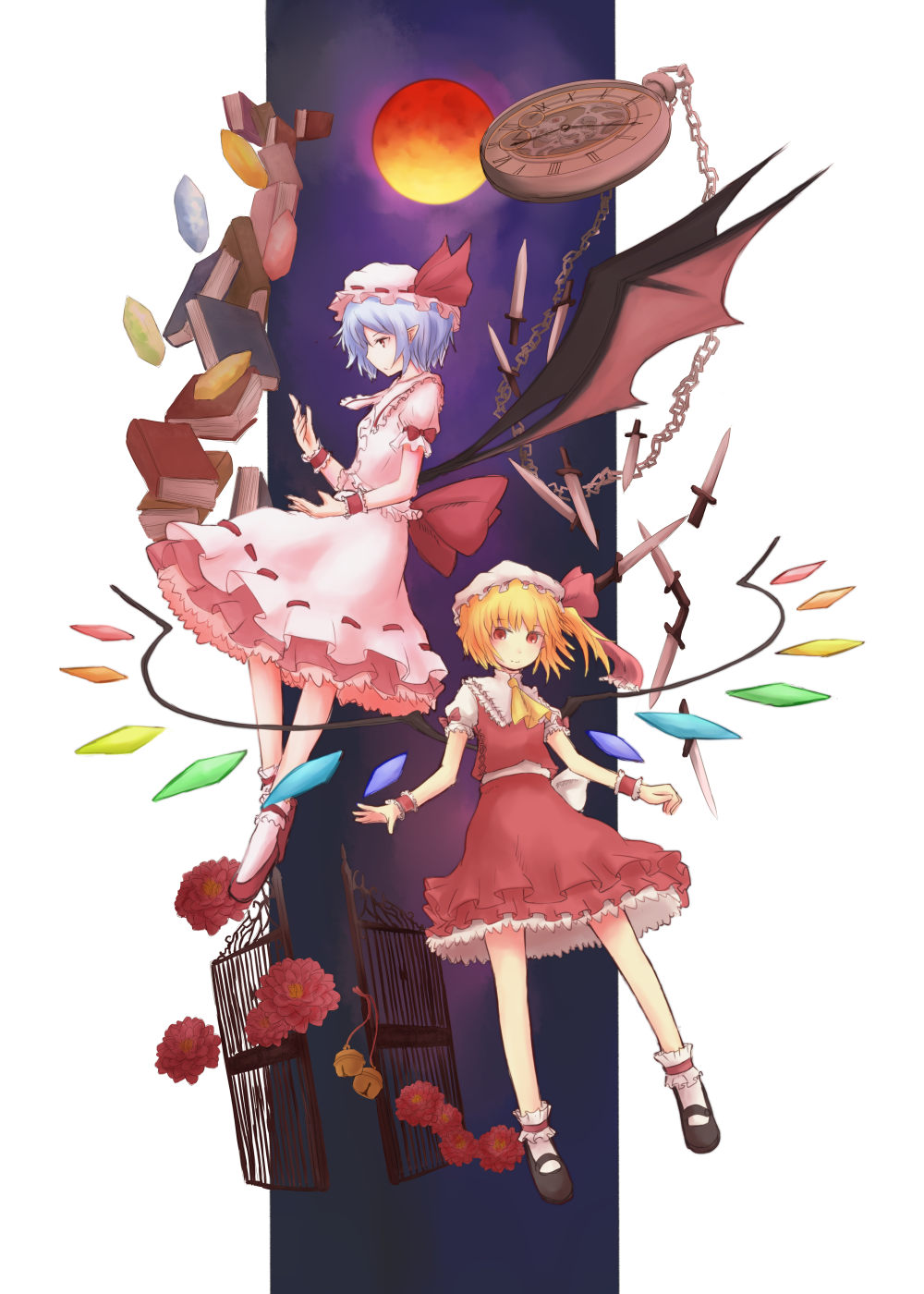 ascot, bat_wings, bell, blonde_hair, blue_hair, bobby_socks, book, dress