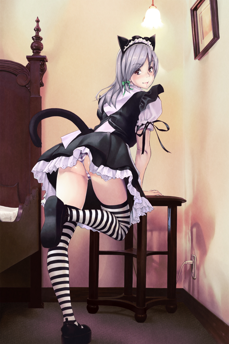 asa_(xametaler), ass, bed, bow, brown_eyes, cat_ears, cat_tail, electric_socket