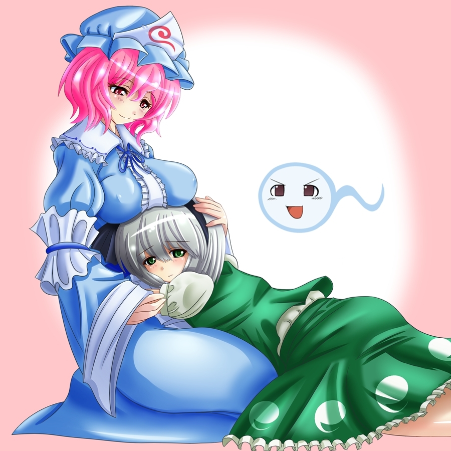 breasts, dress, erect_nipples, female, green_eyes, hat, hug, kneeling, konpaku_youmu, konpaku_youmu_(ghost), large_breasts, multiple_girls, pink_eyes, pink_hair, saigyouji_yuyuko, shin'en_(gyokuro_company), shin'en_(gyokuro_company), short_hair, silver_hair, touhou, triangular_headpiece, youmu_konpaku, yukkuri_shiteitte_ne