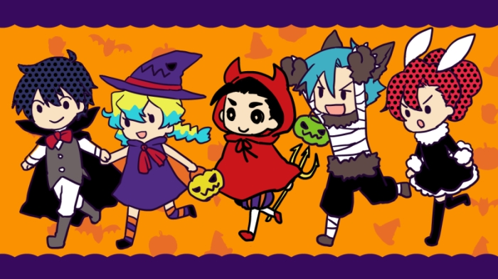 animal_paws, bandage, bandages, black_hair, blue_hair, bowtie, bunny_ears, cape, chibi, costume, dress, halloween, hand_holding, hat, hisui_(paingumi), holding_hands, kamina, multicolored_hair, nia_teppelin, paws, pitchfork, red_hair, redhead, rossiu, simon, tengen_toppa_gurren_lagann, two-tone_hair, vampire, vampire_costume, witch_costume, witch_hat, wolf_ears, yoko_littner
