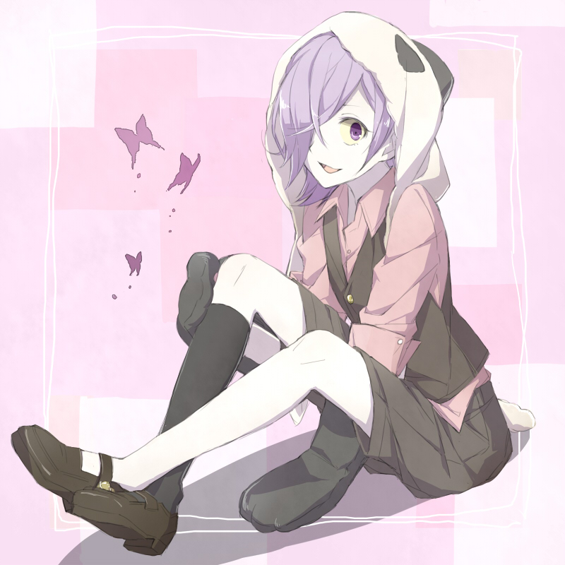 footwear, inga, mynst246, open_mouth, panda_hat, purple_eyes, purple_hair, short_hair, sitting, socks, un-go, vest, violet_eyes, waistcoat