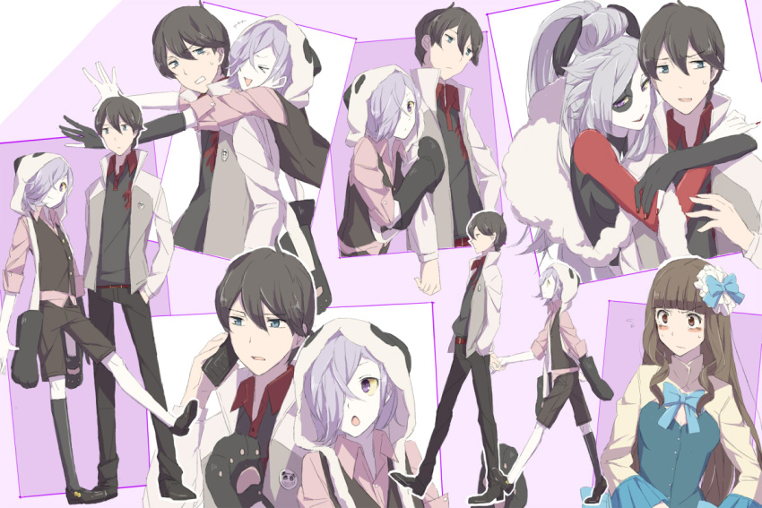1girl, 2boys, black_hair, blue_eyes, blush, boa, breasts, brown_hair, dress, dual_persona, feather_boa, glomp, hair_over_one_eye, hug, inga, jacket, kaishou_rie, lipstick, long_hair, makeup, multiple_boys, mynst246, open_mouth, panda_hat, purple_eyes, purple_hair, short_hair, un-go, very_long_hair, violet_eyes, yuuki_shinjuurou