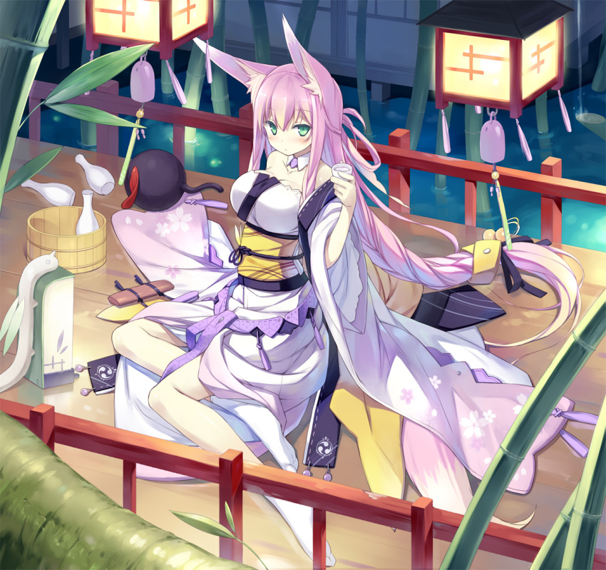 animal_ears, blue_eyes, blush, braid, breasts, bucket, detached_collar, drinking