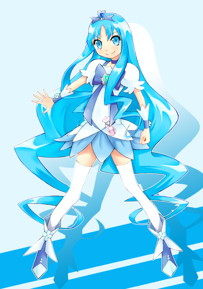 blue, blue_background, blue_eyes, blue_hair, cure_marine, gyuniku, heart, heartcatch_precure!, highres, kurumi_erika, long_hair, magical_girl, precure, skirt, smile, solo, thigh-highs, thighhighs, white_legwear
