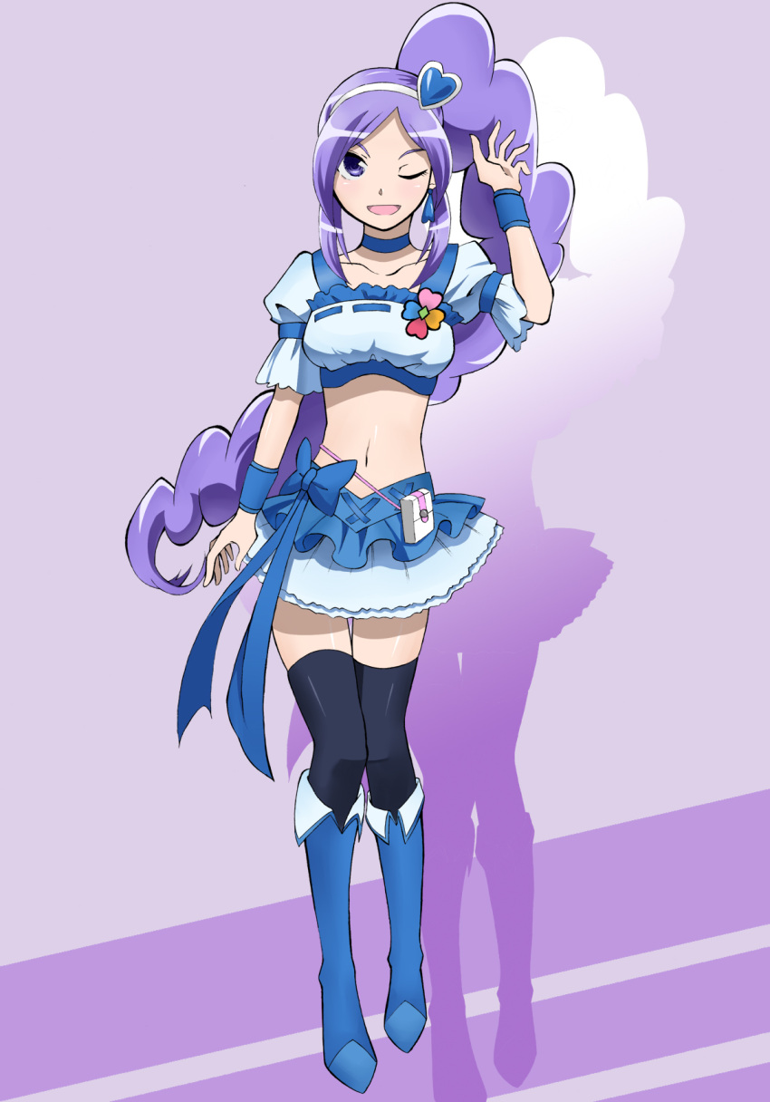 aono_miki, black_legwear, boots, cure_berry, earrings, fresh_precure!, gyuniku, heart, highres, jewelry, long_hair, magical_girl, midriff, navel, precure, purple_background, purple_eyes, purple_hair, skirt, solo, thigh-highs, thighhighs, violet_eyes, wink