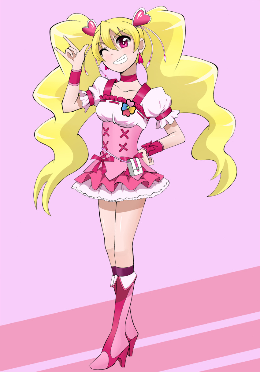 blonde_hair, cure_peach, fresh_precure!, gyuniku, hand_on_hip, highres, hips, long_hair