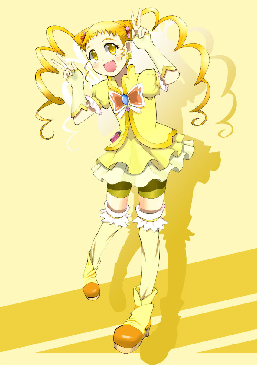 blonde_hair, cure_lemonade, dress, drill_hair, earrings, gyuniku, highres, jewelry