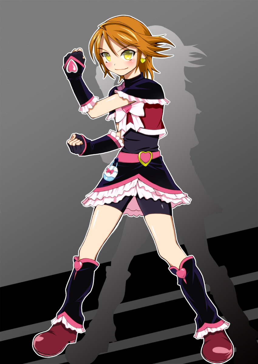 black_background, cure_black, earrings, fingerless_gloves, futari_wa_precure, gloves, gyuniku, heart