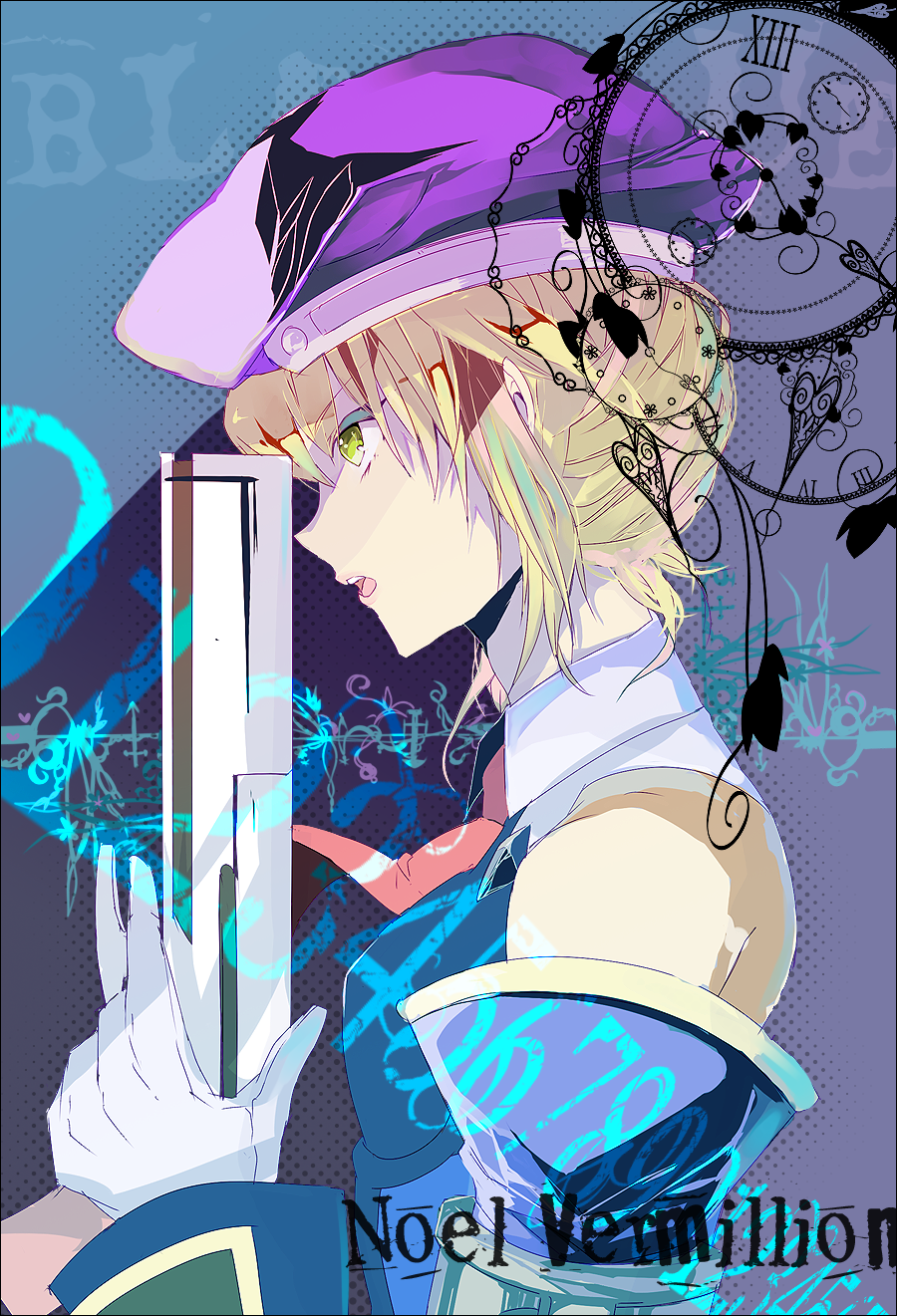 ame_erika, bare_shoulders, beret, blazblue, blonde_hair, character_name, chibana_eri_kaori, gloves