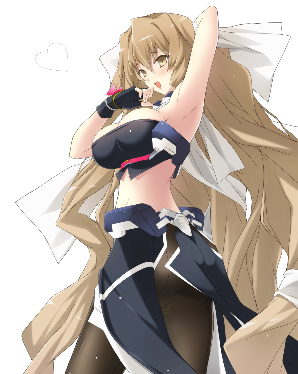 arm_up, armpits, black_legwear, blush, bodysuit, breasts, brown_eyes, brown_hair