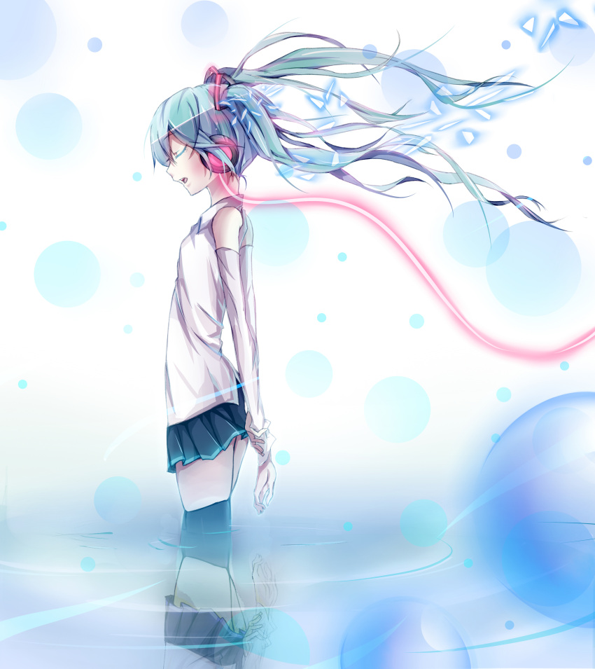 absurdres, closed_eyes, detached_sleeves, eyes_closed, floating_hair, hatsune_miku, headphones, highres