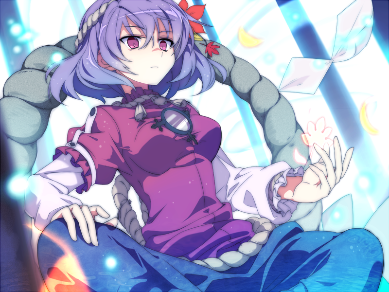 hair_ornament, leaf, maple_leaf, no_more, purple_hair, red_eyes, shimenawa, short_hair