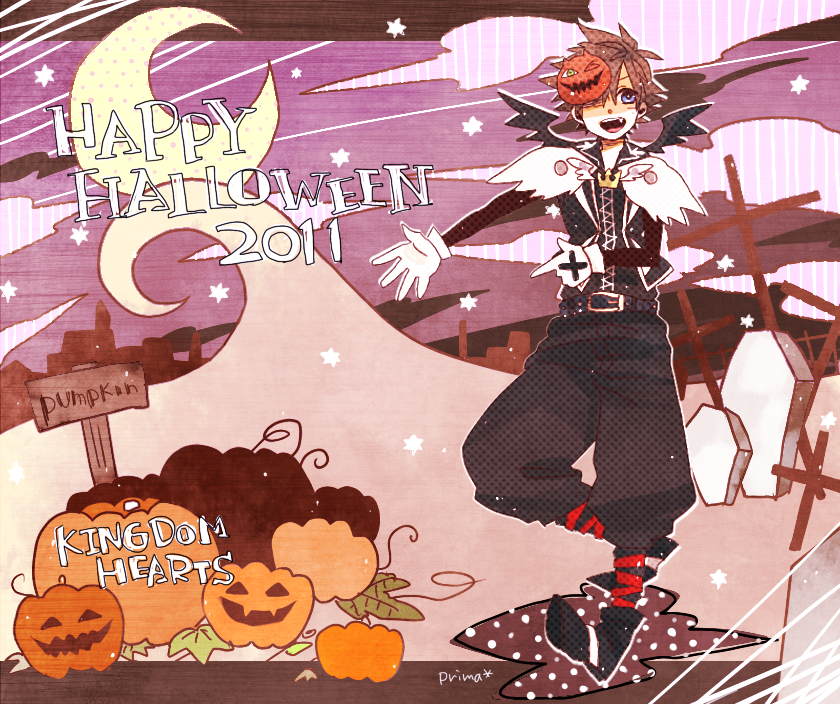 blue_eyes, brown_hair, gloves, hair_over_one_eye, halloween, happy_halloween, jack-o'-lantern, jack-o'-lantern, kingdom_hearts, male, moon, pri-ma, prima_(kururi_kururi), pumpkin, sign, solo, sora_(kingdom_hearts), title_drop, wings
