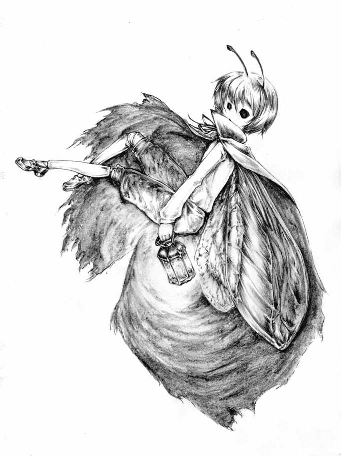 kurosaki_(niggurath), lantern, monochrome, touhou, wings, wriggle_nightbug